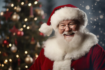 Santa Claus in glasses smiles against the background of a Christmas tree. AI generative.