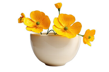 Beautiful Buttercup Flower In A Big Ceramic Cup Shiny Lacquered  On Transparent Background