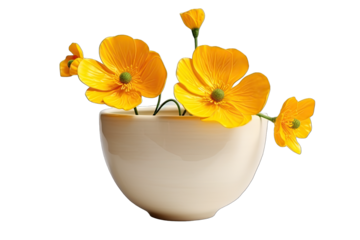 Beautiful Buttercup Flower In A Big Ceramic Cup Shiny Lacquered  On Transparent Background