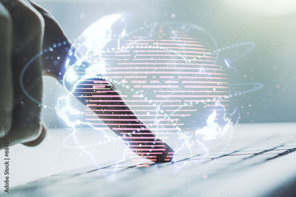 Poster double exposure of abstract digital world map with connections and hand typing on computer keyboard 