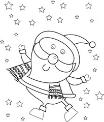 A black and white drawing of Santa Claus surrounded by stars, with a festive atmosphere