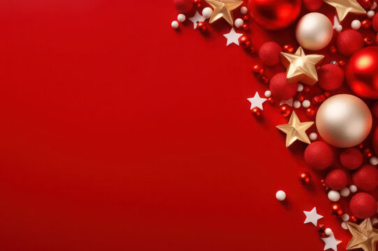Christmas background with copy space, balls and decorations on a red background. AI generative.