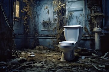 Abandoned ceramic toilet bowl in an old abandoned building. - obrazy, fototapety, plakaty
