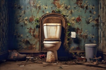 A dirty toilet bowl in an old room of an abandoned house. - obrazy, fototapety, plakaty