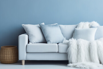 Cozy sofa with pillow and plaid near light blue wall. Idea for living room interior design