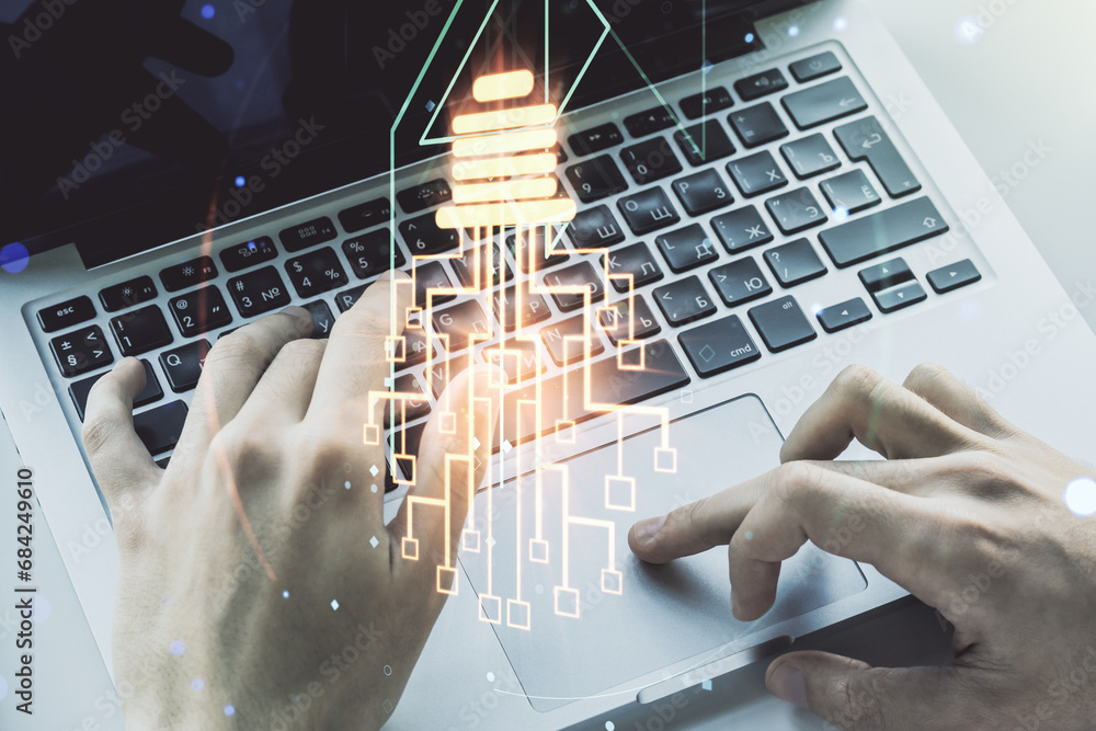 Poster double exposure of creative light bulb hologram with chip and hands typing on laptop on background, 