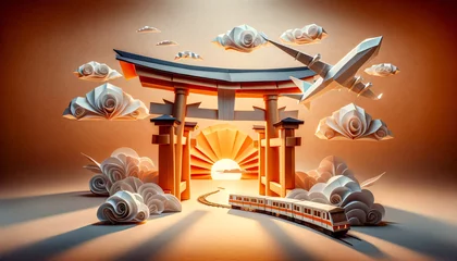 Badkamer foto achterwand Origami Torii Gate with Train and Plane at Sunset © tong4130