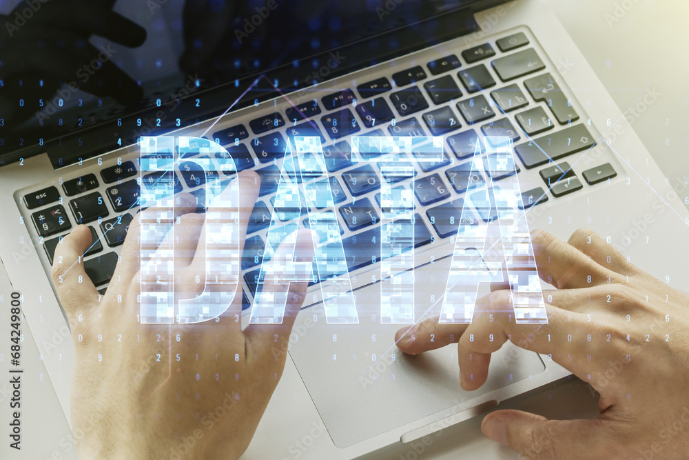 Poster Creative Data word hologram and hands typing on computer keyboard on background, big data and blockchain concept. Multiexposure