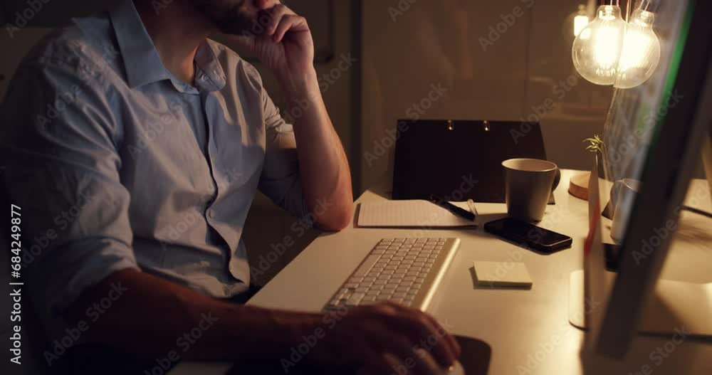 Aufkleber night in office, man at computer thinking and reading email, website or online report at startup. br