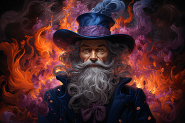 wizard, magician, sorcerer in a hat. fantasy character. portrait of a man with a mustache and curly beard, illustration in orange-purple tones. - obrazy, fototapety, plakaty