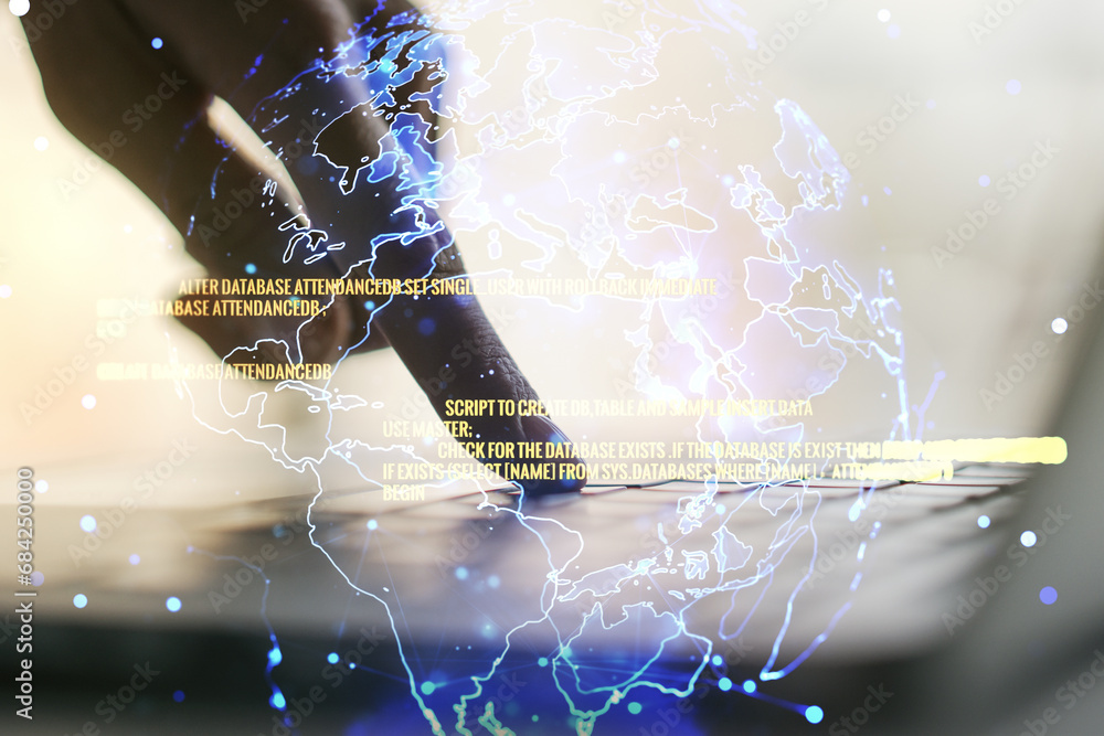 Poster double exposure of abstract creative programming illustration with world map and hand typing on lapt
