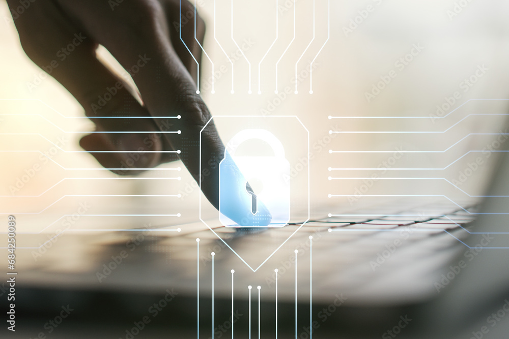 Poster double exposure of creative lock hologram with chip and hands typing on laptop on background. inform