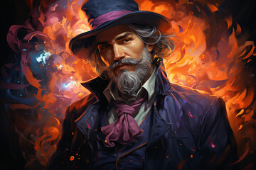 wizard, magician, sorcerer. fantasy character. portrait of a man with a mustache and curly beard, illustration in orange-purple tones.