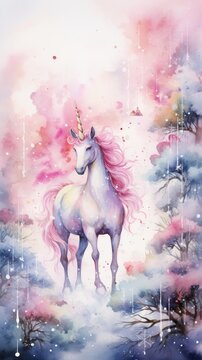 Magical forest with flowers and Unicorn in pastel colors, watercolor illustration © Henryzoom