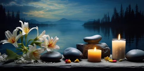 Foto op geborsteld aluminium Massagesalon Burning candles, stones and towel on massage table in spa salon. AI generated image