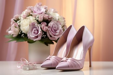 Beautiful bride's bouquet and festive shoes close-up