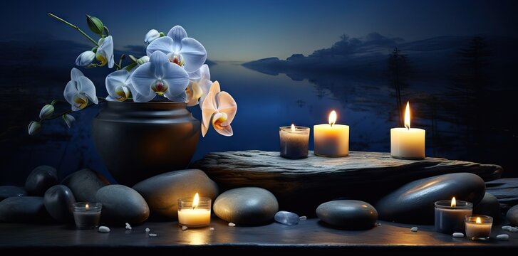 Burning candles, stones and towel on massage table in spa salon. AI generated image