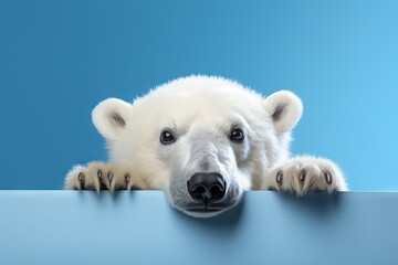 White polar bear stands on paws on ice floe. flat cartoon illustration. North animal. AI generated image - obrazy, fototapety, plakaty
