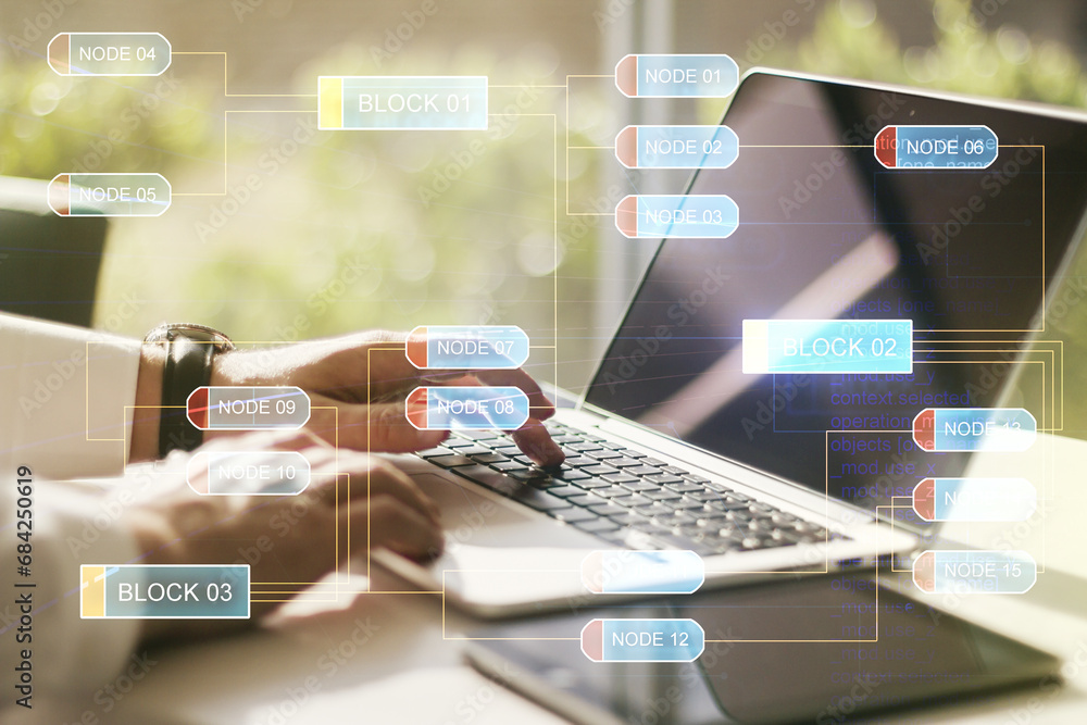 Fototapete double exposure of abstract programming language hologram with hands typing on laptop on background,