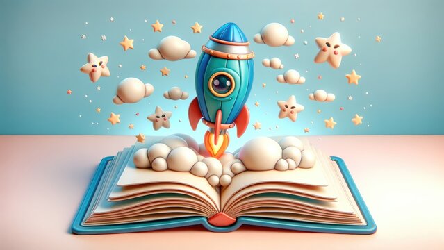 Cute 3D rocket flying out of a book on a blue background. Educational and smart ideas from reading books.