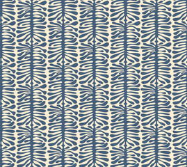 Ticking climbing groovy coral algae foliage in stripes in soft pastel blue and cream colors,  botanical funky seamless repeat pattern design in beach house coastal chic style
