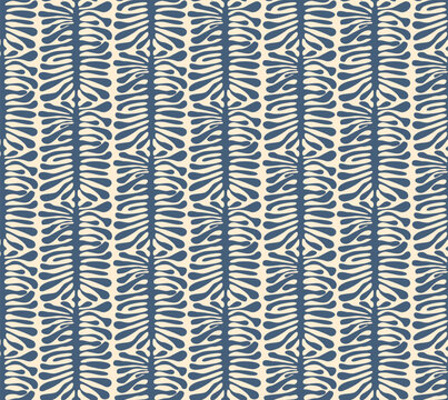 Ticking climbing groovy coral algae foliage in stripes in soft pastel blue and cream colors,  botanical funky seamless repeat pattern design in beach house coastal chic style