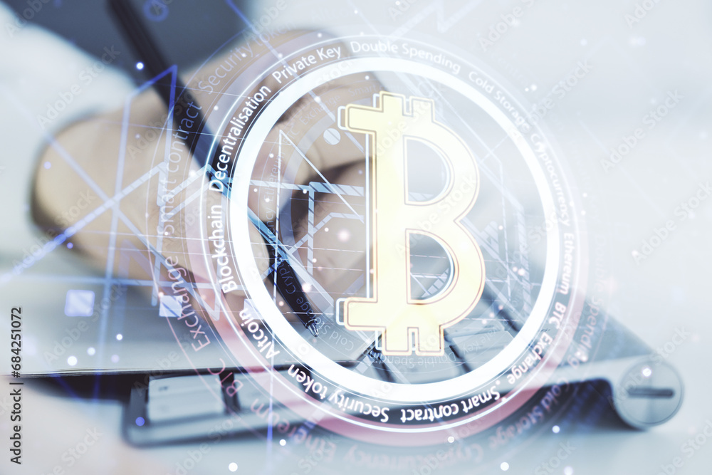 Aufkleber double exposure of creative bitcoin symbol with hand writing in notebook on background with laptop. 