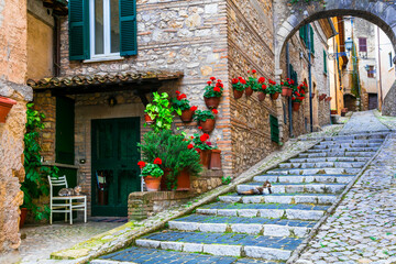 Traditional medieval villages of Italy - picturesque old floral streets of Casperia, Rieti province. - obrazy, fototapety, plakaty