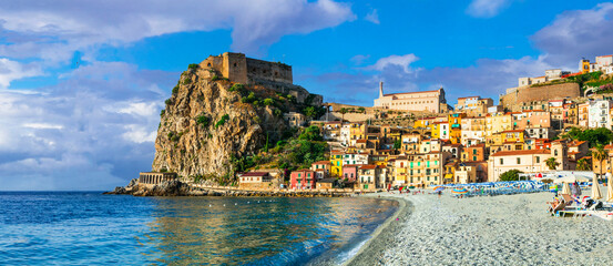  scenic places of Italy . beautiful beaches and towns of Calabria - medieval Scilla town . Italian summmer holidays. - 684251081