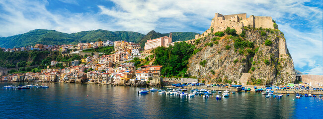  scenic places of Italy . beautiful beaches and towns of Calabria - medieval Scilla town . Italian...