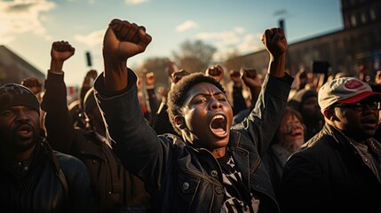 black race activist with raised fists, creating a strong sense of solidarity and determination, black History Month