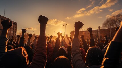 black race activist with raised fists, creating a strong sense of solidarity and determination, black History Month - obrazy, fototapety, plakaty