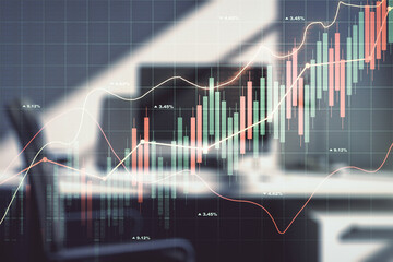 Multi exposure of abstract creative financial chart and modern desktop with laptop on background, research and analytics concept