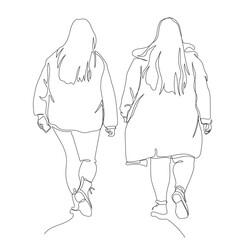 2 women with long hair plus size walking away. Wearing warm clothing, jacket and coat with hood. The left one holding phone. Continuous line drawing. Vector illustration in line art style.