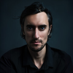 portrait of a young guy in a black shirt on a black background with a slight smile
