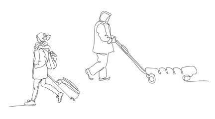 Porter with empty 3 wheel baggage cart and woman with backpack and suitcase going in opposite directions. Travel in winter season. Continuous line drawing. Vector illustration in line art style.