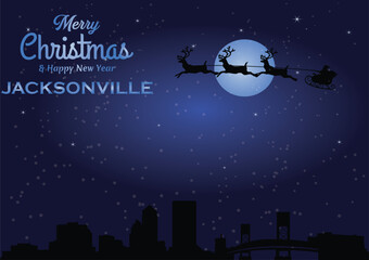 Christmas and New year dark blue greeting card with Santa Claus silhouette and black panorama of the city of Jacksonville, Florida - US State
