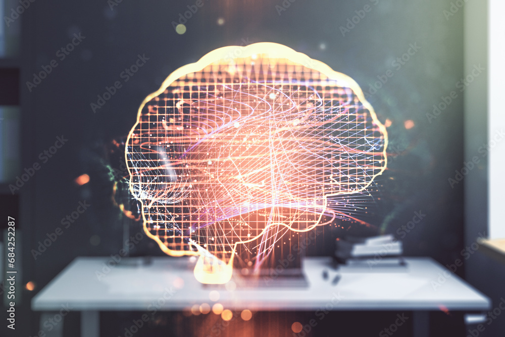 Poster double exposure of creative artificial intelligence symbol and modern desktop with laptop on backgro
