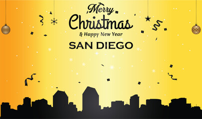 Christmas and New year golden greeting card with black panorama of the city of San Diego, California - US State