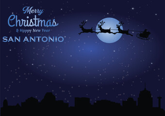 Naklejka premium Christmas and New year dark blue greeting card with Santa Claus silhouette and black panorama of the city of San Antonio, Texas- US State