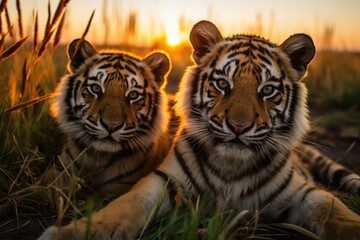 Fototapeta premium pair of tigers in the grass in the prairies and looking into the camera against the background of a sunset in the prairies.