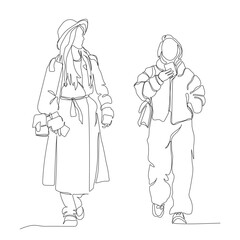2 young women talking and checking phone. Wearing warm clothes with long sleeves, coat and jacket, and hat on cold winter day. Continuous line drawing. Vector illustration in line art style.