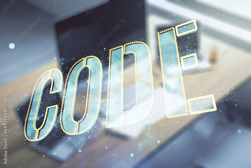 Poster creative code word sign and modern desktop with pc on background, international software development