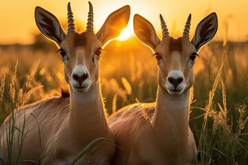 a pair of antelopes in the grass in the prairies and looking into the camera against the background of a sunset in the prairies.