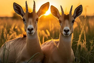 Photo sur Plexiglas Antilope a pair of antelopes in the grass in the prairies and looking into the camera against the background of a sunset in the prairies.