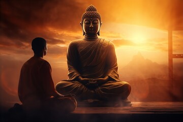 A monk meditating in front of a large Buddha statue - obrazy, fototapety, plakaty