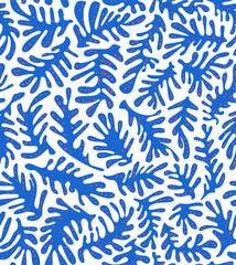 Blue and white underwater botanical coral reef twigs, coastal chic , greek blue beach house style,  marine nautical papercut, matisse inspired abstract cutouts  of seafern seaweed branches © VecTerrain