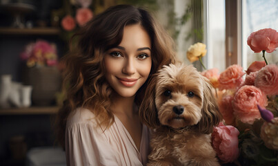 girl with her mini poodle. Curly beautiful girl holding in hands her puppy dog of poodle breed apricot brown colour