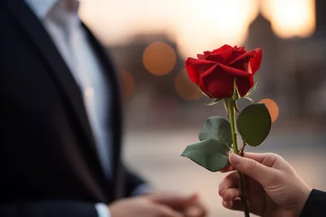 Fotobehang man wearing a black suit, giving a red rose to a woman © arjan_ard_studio