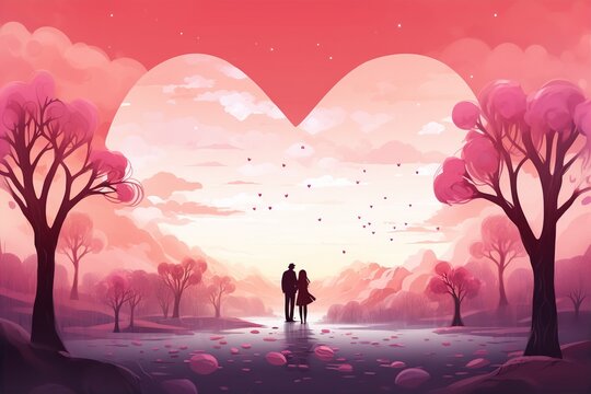 the two lovers in the ambience of love with heart and pastel background